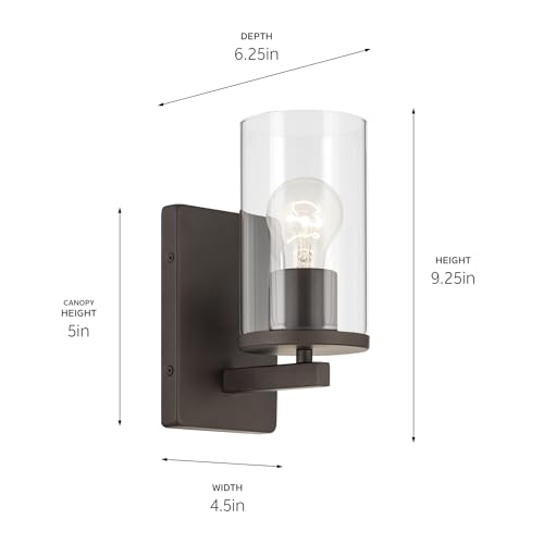 Kichler Crosby 1-Light Bathroom Wall Light, Olde Bronze | Clear glass wall light for bathrooms, hallways and bedrooms (4.5" x 9.25"), 45495OZCLR - color: Old Bronze, size: 1 Light, style: Clear Glass