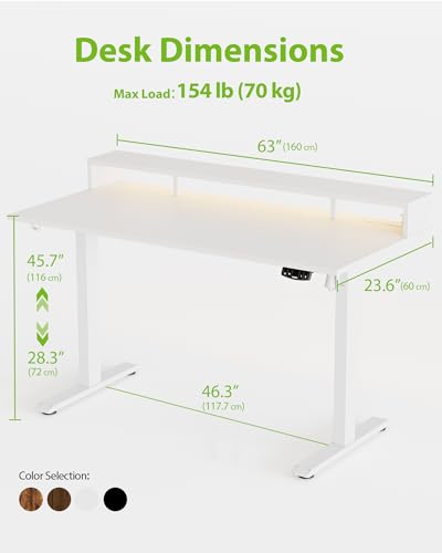 Agilestic 63 * 24 Inch Electric Standing Desk with Shelf & Led, White - color: White, size: 63 x 24 Inches with led and power strips