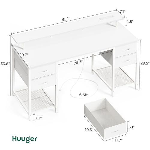 Huuger 55 inch Computer Desk with Power Outlets & 4 Drawers - color: White, size: 55 Inch