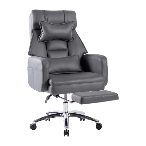 Swivel Ergonomic Office Chair with Footrest, High Back Executive Chair with Lumbar Support and Headrest, 155° Reclining Leather Desk Chair with Thick Cushion for Manager Office (Dark Grey)