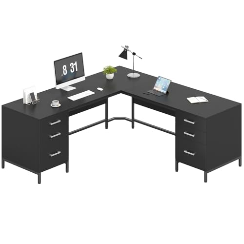 TVU 59’‘ L Shaped Desk with 6 Wood Drawers, Large Home Office Corner Computer Desk with Storage File Cabinet, Modern Metal Wood Desk for Executive Writing Study Workstation, Black