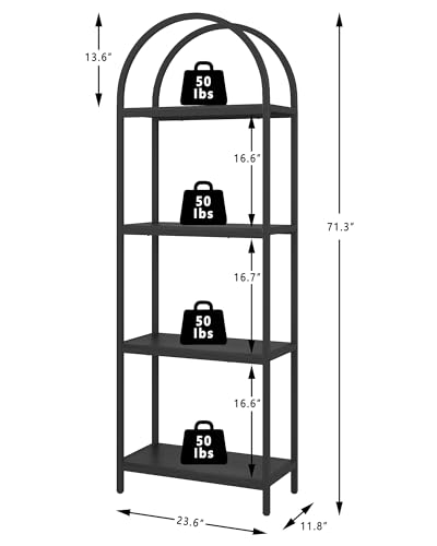 Yusong Bookshelf 4 Tier Arched Bookcase, 71.3" Tall Industrial Open Book Shelves for Living Room, Modern Freestanding Display Shelving Unit Storage Rack with Metal Frame, Office, Bedroom, Black - color: Black, size: 4 Tier Non-LED Arched