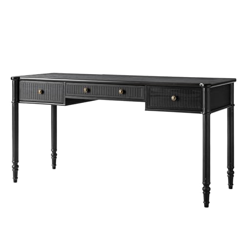 HULALA HOME 60 Inches Fluted Writing Desk with Charging Station, Black - color: Black