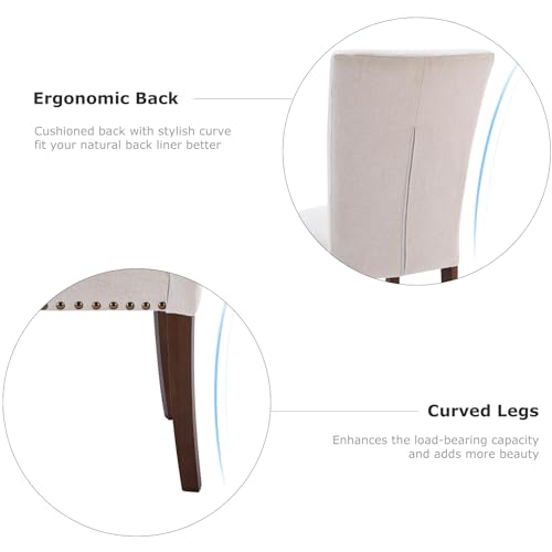 MALOL COLAMY Upholstered Parsons Dining Chairs Set of 2, Fabric Kitchen Side Chairs with Nailhead Trim and Wood Legs, Dining Room Chairs for Farmhouse Restaurant, Beige - color: W-beige, size: Set of 2