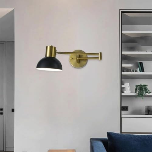 Modern Iron Swing Arm Wall Sconce Gold and Black Adjustable Wall Lamp Fixture for Bedroom Bedside Living Room Reading Mid Century Industrial Wall Mounted Lighting E26 Base Hardwired(Black) - color: Black