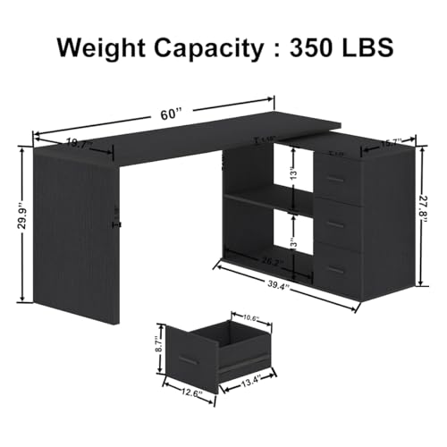 HSH Black L Shaped Computer Corner Desk with 3 Storage Drawers 60 inch | Reversible Home Office Corner Desk with 2 Open Side Shelves Modern Wood Executive L Desks for Bedroom,Study Workstation - color: Black Oak, size: 60 Inch