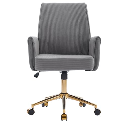 YITAI Stripes Velvet 360°Swivel Desk Chair, Modern Height Adjustable Home Office Armchair with Gold Base and Wheels for Vanity, Comfy Computer Chair for Study Living Room Bedroom(Gray) - color: Grey
