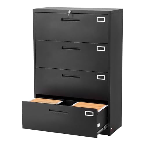VEVOR 4 Drawers Metal File Cabinet, Vertical Filing Cabinet with Lock and Adjustable Hanging Rod, Tall Filing Storage Cabinets for Home and Office Fit Letter, A4, Legal Size File, Easy Assembly, Black
