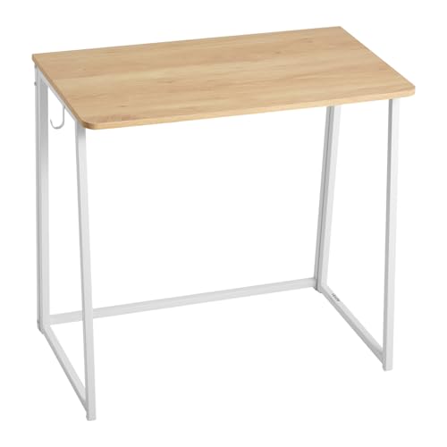 VEVOR Folding Desk, 31.5" Foldable Table for Small Spaces with Storage Hooks, Space Saving Computer Table, Writing Workstation for Home Office, Easy Assembly, Oak