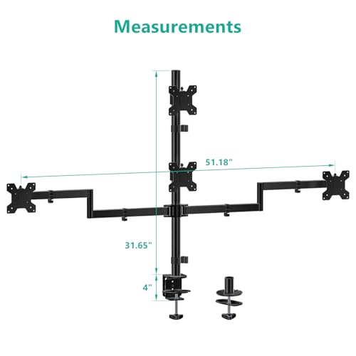 WALI Stacked 4 Monitor Mount for 13-27 inch Screens, up to 22 lbs per Arm | Quad Monitor Stand for Desk, Full Motion with Tilt, Swivel, Rotation, C-Clamp & Grommet Base, VESA 75/100mm (M004S), Black - size: Quad, style: Adjustable
