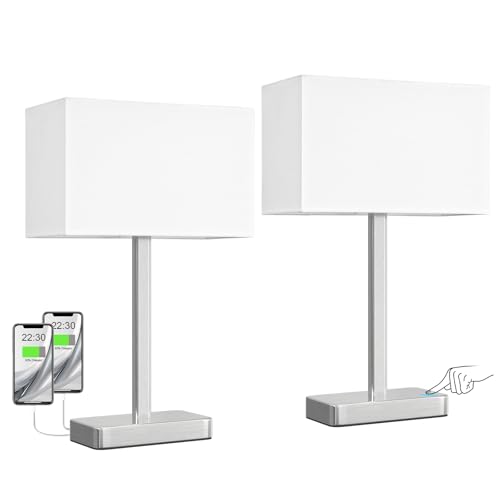 Touch Lamps for Bedroom Set of 2, 3 Way Dimmable White Bedside Table Lamp | Modern Table Lamp for Nightstands, White Nickel Desk Lamp for Home Office, with USB C+A, End Tables Bed Side, Bulb Included - color: C. White&Nickel