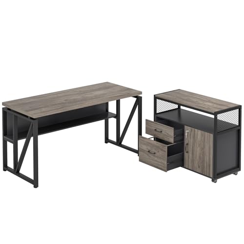 Tribesigns Grey Executive Desk with Cabinet, 55" L Shaped Computer Desk and lateral File Cabinet with Locks, 2 Piece Home Office Furniture Set for Hanging - color: Grey, size: 55 inches