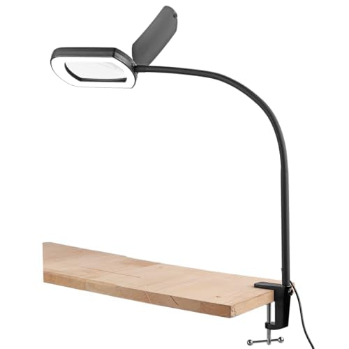 COLFULINE 10X Magnifying Glass Floor Lamp 5 Color Mode & Stepless Dimming | 10X HD Square Glass Lens,Dust Cover & Clamp Design,Adjustable Telescopic Pole & Stable Heavy Base,40cm Flexible Gooseneck
