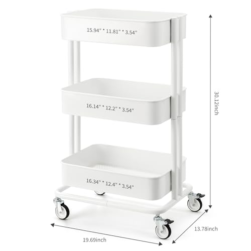 3 Tier Rolling Cart Metal Heavy Duty Utility Cart with Silent Caster Lockable Wheels Multi-Functional Organization Carts Storage Trolley with Mesh Shelves for Office Kitchen Living Room white - color: White, size: Large