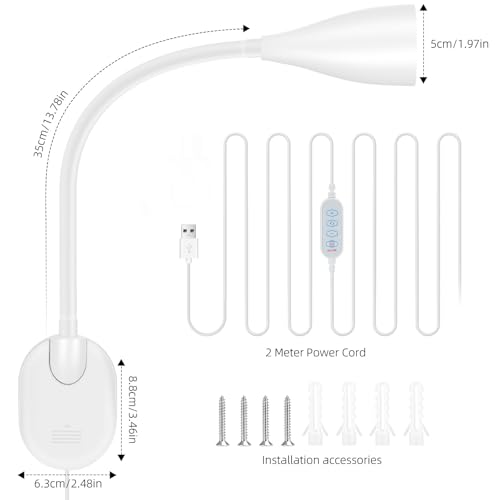 LED Wall Mounted Bedside Reading Light, 3 Color Modes,10 Brightness Dimmable, USB Charging Port, Adhesive Wall Lamp Night Light for Books in Bed, 360° Flexible Eye-Caring Bedroom Lighting White - color: White