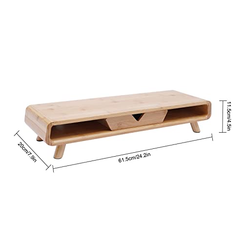 Bamboo Monitor Stand Riser with Drawer, 24 Inch No Assembly Required Desk Organizer, Ergonomic 4.5 Inch Height Wood Computer Stand for Laptop, Printer, Office Accessories