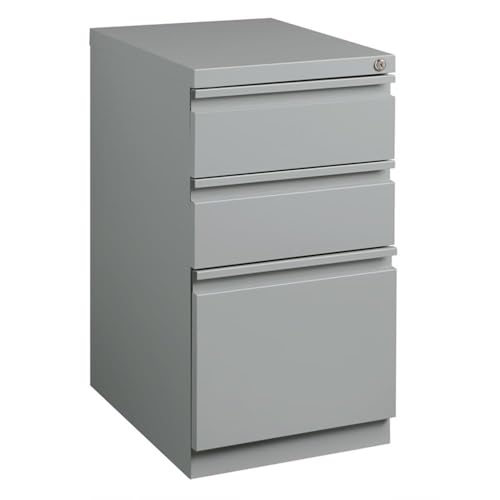 Pemberly Row Mobile Pedestal Filing Cabinet, 3-Drawer Box/Box/File, 27.75" H x 15" W x 19.88" D, Steel Construction, Platinum Silver Finish, Letter-Size Hanging File Storage, Hidden Casters, Office