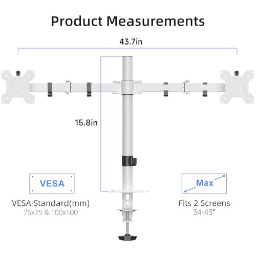 Suptek Dual Monitor Desk Mount, Adjustable Dual Monitor Arm for 2 Monitor Screens up to 43 inch, 15.75" Pole Monitor Stand for Desk, Holds up to 22 lbs,White(MD9442LW) - color: White, size: 34"-43"