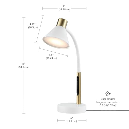 Globe Electric 15" LED Integrated Matte White Desk Lamp with Matte Brass Accent and Adjustable Silicone Gooseneck - color: Matte White, Albert