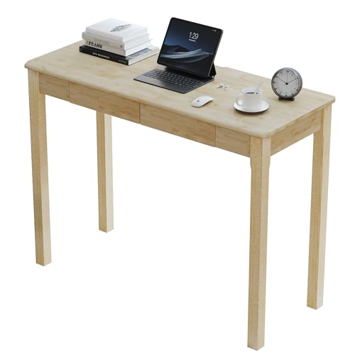 Solid Wooden Desk with Drawers - 39 x 16 Inch Rubberwood Narrow Desks, Simple Modern Study Table, Small Writing Desk for Bedroom|Small Spaces - Natural Boho Desks - color: Natural, size: 39.4 in W x 15.7 in D