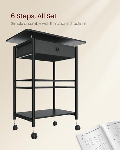 VASAGLE 3-Tier Printer Stand with Locking Wheels, Under Desk Printer Table - color: Ebony Black, size: 3 Tiers with Drawer