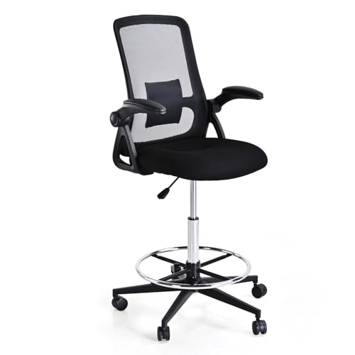 Drafting Chair with Mesh Backrest, Foot Ring,Tall Office Chair with Flip-Up Armrest,Set of 2 Counter Height Office Swivel Standing Desk Chair with Lumbar Support for Home,Office,Bar - color: Black Mesh & Black Frame
