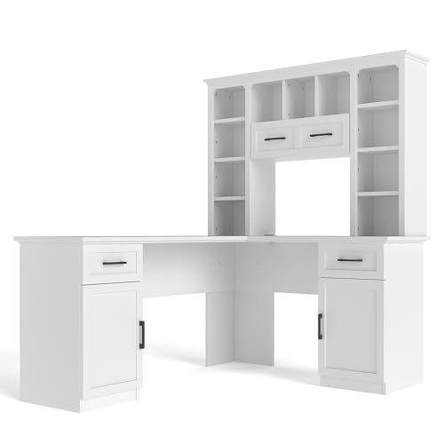 RuiSiSi L Shaped Offic Desk with Hutch and Drawers, Farmhouse Home Desk with Cabinets and Open Shelves, Wood Executive Desk for Study, Living Room, White - color: White, size: 65"L x 52"W x66.1"H