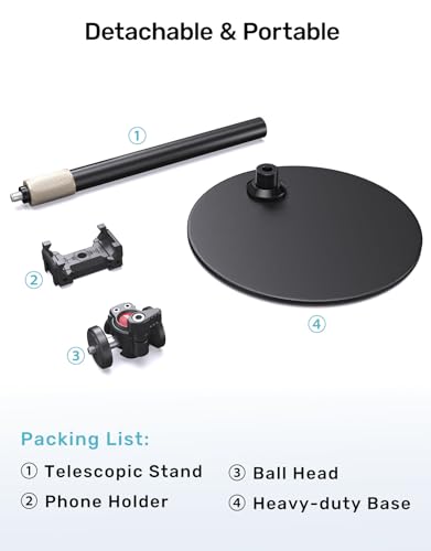 25-in Webcam Stand, Height Raise, 360° Rotatable Ballhead with Phone Holder | 1/4 Thread, Fits Logitech C922/C930e/C920/C615/C960/BRIO 4K/NexiGo N60/Phone, Stable Support for Live Streaming, Video Call - size: 39 cm – 66 cm in height