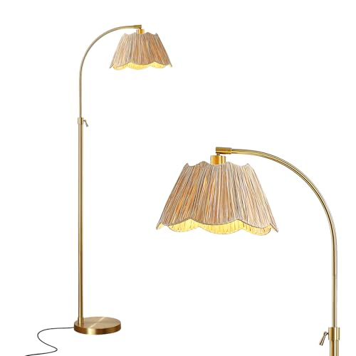 64'' Adjustable Arc Floor Lamp with Natural Rattan Woven Shade - color: Gold