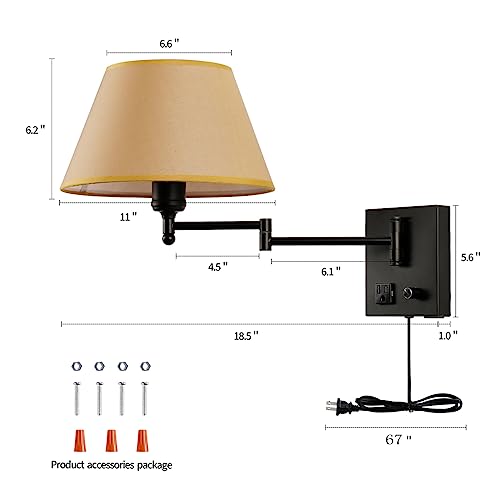 Swing Arm Wall Sconces, Plug-in Wall lamp,Bedroom Wall lamp , White Fabric Shade with dimmable Switch and USB Charging Port,Suitable for Bedside,Living Room,Reading (Black. Gold Shadow) - color: Black. Gold Shadow