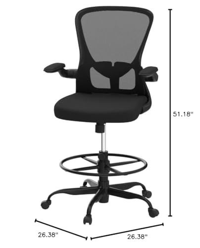 Drafting Chair, Tall Office Chair with Flip-up Armrests Executive Ergonomic Computer Standing Desk Chair, Office Drafting Chair with Lumbar Support and Adjustable Footrest Ring - color: Black