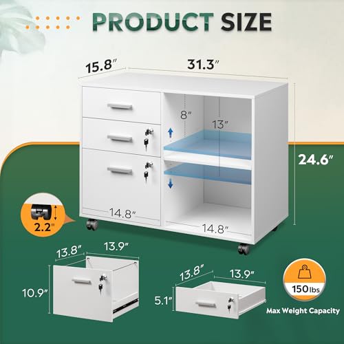 DEVAISE 3-Drawer File Cabinet with Lock, Mobile Wood Filing Cabinet, White | Rolling Printer Stand, Office Cabinet, Open Storage Shelves, Letter & A4 Compatible, Home Office, Under Desk Storage - color: White