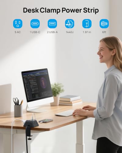 TROND Desk Clamp Power Strip with 5 AC Outlets and 3 USB Ports, Black | Desk Mount Charging Station, Fit 1.97in Tabletop Edge Thick, 1440J, 6FT Extension Cord, for Home Office Gaming Accessories - color: Black, size: 6FT (2U1C)