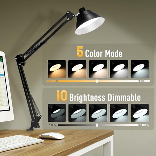 Led Desk Lamp for Home Office - Swing Arm Desk Lamp with Clamp - Architect Adjustable Gooseneck Table Lamp with 5 Color Modes & 10 Brightness for Reading Working Drafting (Black) - color: Black