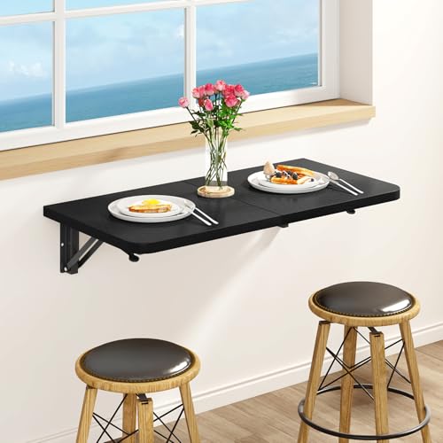 IBUYKE Wall Mounted Folding Table, Floating Wall Desk for Small Spaces, Fold Down Laundry Shelf with Heavy-Duty Brackets, Wall Table for Home Office/Bar/Kitchen/Dining Black UTVT005B - color: Black
