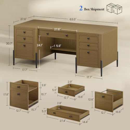63" W x 27.6" D Executive Desk with 2 Cabinets & 6 Drawers, Farmhouse Home Office Desks with Keyboard Tray, Large Boss Desk with Privacy Panel, Modern Table with File Drawer - color: Brown-2