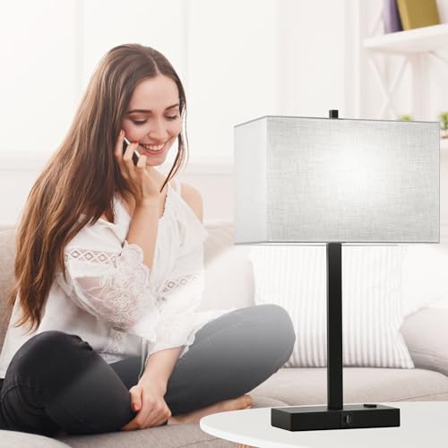 21" Touch Bedside lamps with 2 USB & AC Outlets, 3-Way Dimmable Bedside Table Lamps Set of 2 for Bedroom Living Room Office Reading, Gray Shade Lamps for Night Stands, 5000K LED Bulbs Included - color: Gray Linen & Matte Black
