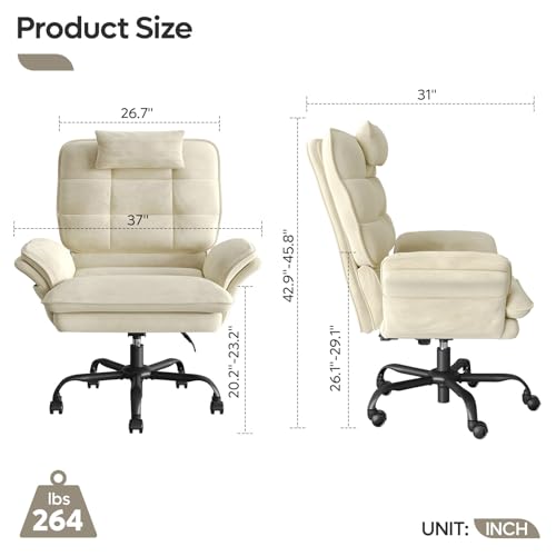 Bestier Swivel Executive Chair with Wheels and Headrest, Velvet Beige | 135° Reclining office chair with Flip-Up Armrests and Side Pockets, Wide and Tall Computer Gaming Chair for Home Makeup - color: Beige Velvet, size: High Back