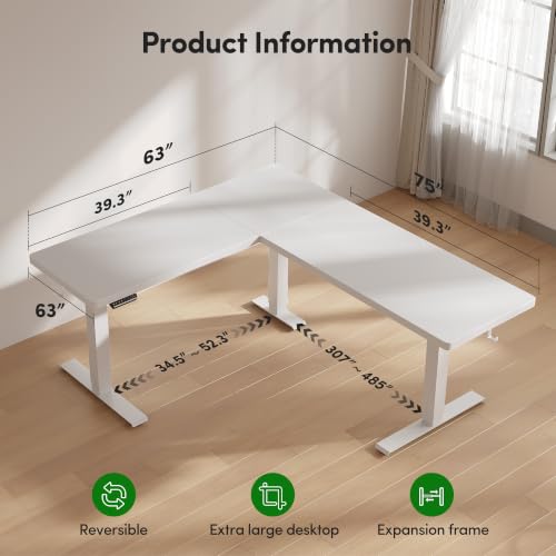 FEZIBO Triple Motors 25mm Tabletop L Shaped Standing Desk, 75" X 63" Electric Standing Gaming Desk Adjustable Height, Corner Stand up Desk with Splice Board, White Frame/White Top - color: White, size: 75x63 Pro