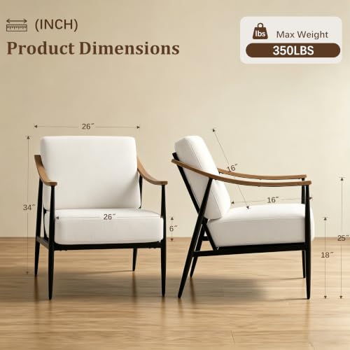 RNKSFX Modern Accent Chairs Set of 2 for Living Room Bedroom Mid Century Arm Chairs Upholstered Office Accent Chairs Comfy Waiting Room Chairs with Metal Frame, Cream White - color: Cream White
