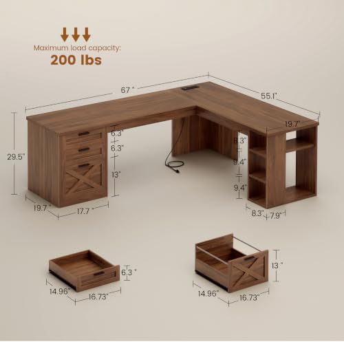 SEDETA 67" Farmhouse Executive L Shaped Desk with 3 Drawers - color: Brown, size: L Shaped Desk (67")