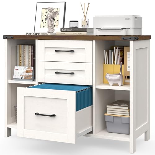 Vabches File Cabinet with 3 Drawers, Farmhouse Lateral File Cabinet Fits Files Letter/A4 Size, Wooden Filing Cabinet with Adjustable Shelves Printer Stand for Home Office, White - color: White and Brown