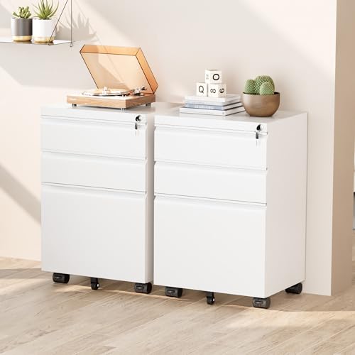 Greenvelly 3 Drawer Mobile File Cabinet with Lock, Fully Assembled Rolling File Cabinet Except Casters, Under Desk File Cabinet with Wheels for Home Office Fit Legal/Letter/A4 File (Assembled, White) - color: White, style: Assembled