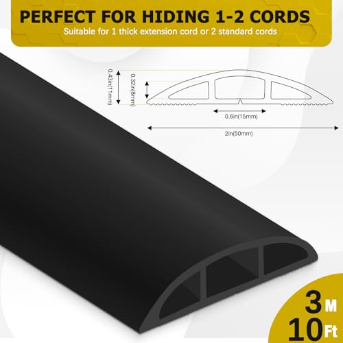 JAHOMFAI Floor Cord Cover 10FT Cord Covers for Wires on Floor Protect Wires & Prevent Trip Hazards, Easy to Cut for Home, Office, School, Concerts, Cavity W0.6in x H0.32in - color: Black, size: D50 - 10FT
