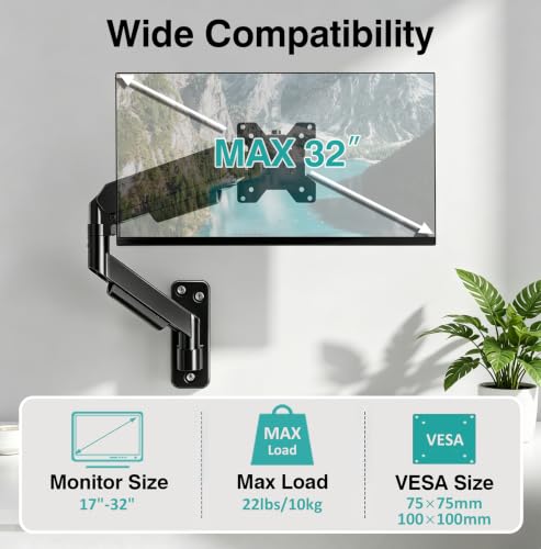 AX WABER Single Monitor Wall Mount for 17 to 32 inch Flat/Curved Computer Screens,Full Motion Adjustable Mechanical Spring Monitor Wall Arm Holds Up to 22lbs,VESA Wall Mount 75x75/100x100, Black - size: Single monitor wall mount