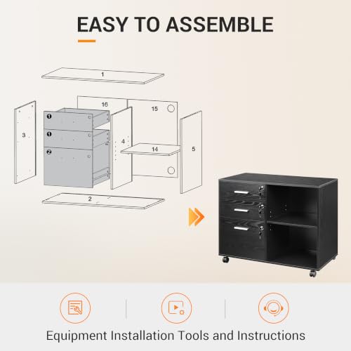 DEVAISE 3-Drawer File Cabinet with Lock, Mobile Wood Filing Cabinet, Black | Rolling Printer Stand, Office Cabinet, Open Storage Shelves, Letter & A4 Compatible, Home Office, Under Desk Storage - color: Black