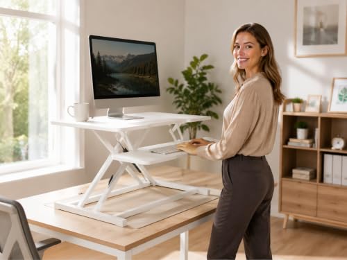 Standing Desk Converter 35.8" × 15.7", Height Adjustable Sit Stand Desk Riser with 7-Level Settings, Foldable Ergonomic Computer Workstation for Home Office — White