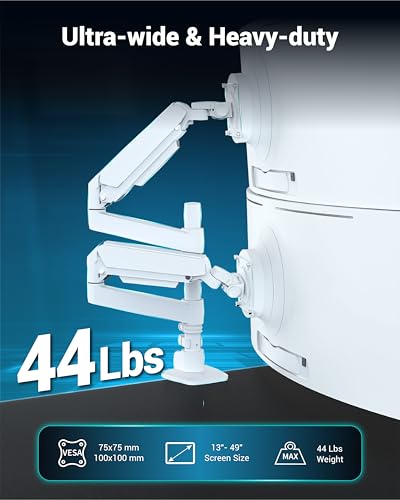 Ergounion Dual Monitor Arm for 13-49 Inch Ultrawide Screens, Heavy Duty Monitor Mount for 2 Monitors up to 44lbs, Full Motion Vertical Stacked Dual Monitor Arm Desk Mount, 75/100mm VESA Mount, White - color: White, size: Dual