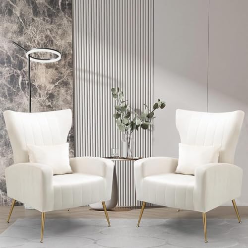 Velvet Accent Chairs Set of 2, Modern Living Room Chair with Gold Legs & Pillow, Bedroom Side Chair with High Wingback, White - color: White, size: 2PCS with Channel Tufted