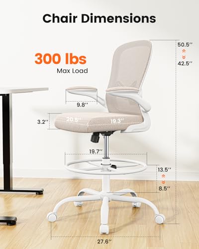 ErGear Drafting Chair,Tall Office Chair with Flip-Up Armrests, High Desk Chair Adjustable Height and Adjustable Footrest Ring, Ergonomic Standing Desk Chair with Lumbar Support, Khaki - color: Khaki
